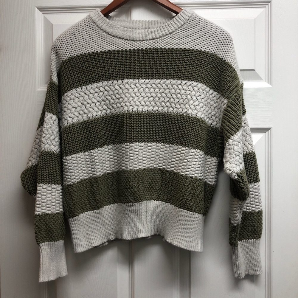 a new day Large Olive & Cream Striped Crewneck Sweater